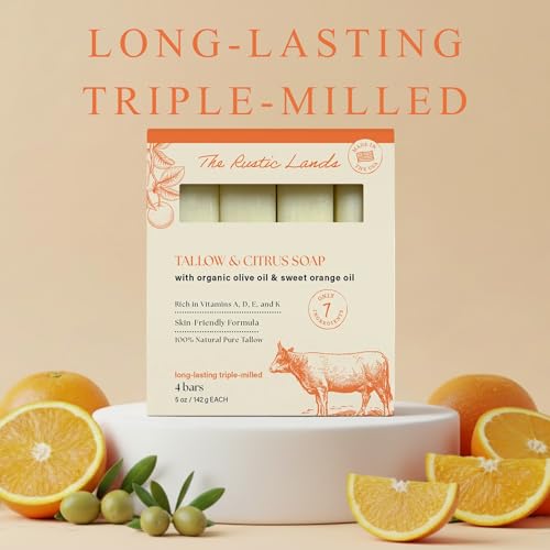 THE RUSTIC LANDS Beef Tallow Soap Bars – Natural Moisturizing Bar Soap with Citrus Scent – Gentle Soap for Sensitive Skin Face & Body – Made in USA – Tallow & C