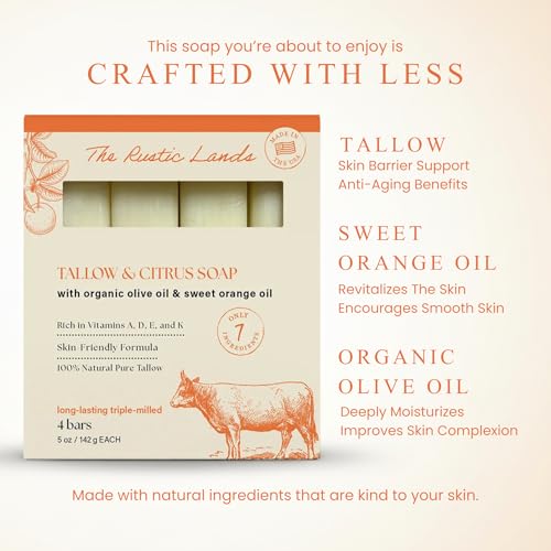 THE RUSTIC LANDS Beef Tallow Soap Bars – Natural Moisturizing Bar Soap with Citrus Scent – Gentle Soap for Sensitive Skin Face & Body – Made in USA – Tallow & C