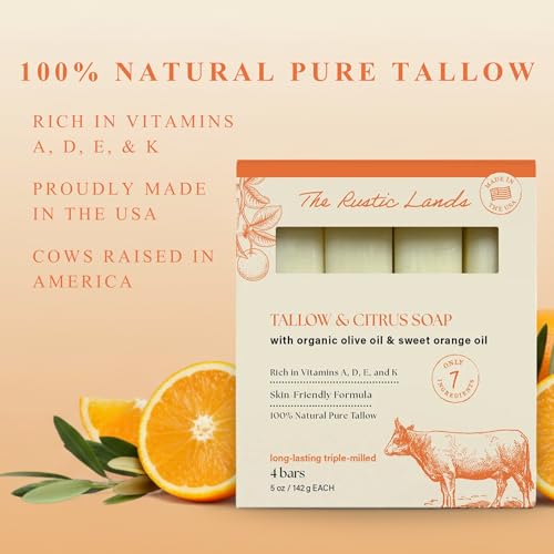 THE RUSTIC LANDS Beef Tallow Soap Bars – Natural Moisturizing Bar Soap with Citrus Scent – Gentle Soap for Sensitive Skin Face & Body – Made in USA – Tallow & C