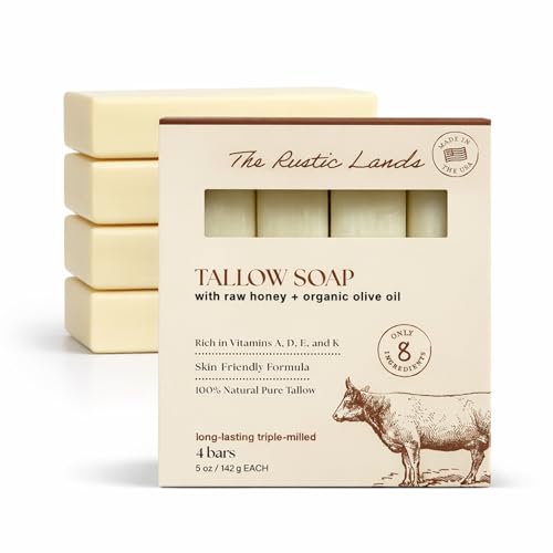 THE RUSTIC LANDS Natural Tallow Soap Bars Set of 4 - Grass Fed Beef Tallow with Raw Honey & Olive Oil - Made in the USA Soap for Sensitive Skin, Moisturizing Ba