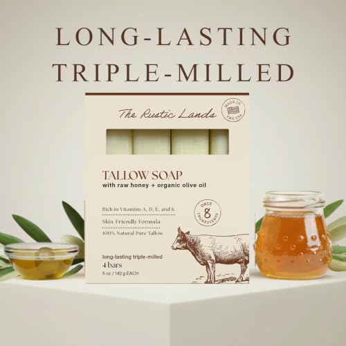 THE RUSTIC LANDS Natural Tallow Soap Bars Set of 4 - Grass Fed Beef Tallow with Raw Honey & Olive Oil - Made in the USA Soap for Sensitive Skin, Moisturizing Ba