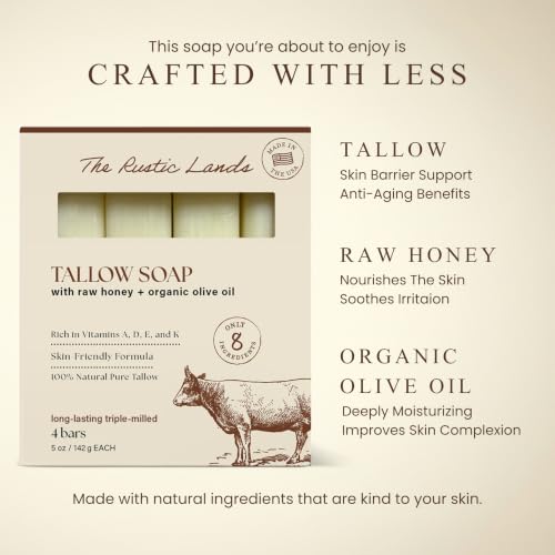 THE RUSTIC LANDS Natural Tallow Soap Bars Set of 4 - Grass Fed Beef Tallow with Raw Honey & Olive Oil - Made in the USA Soap for Sensitive Skin, Moisturizing Ba