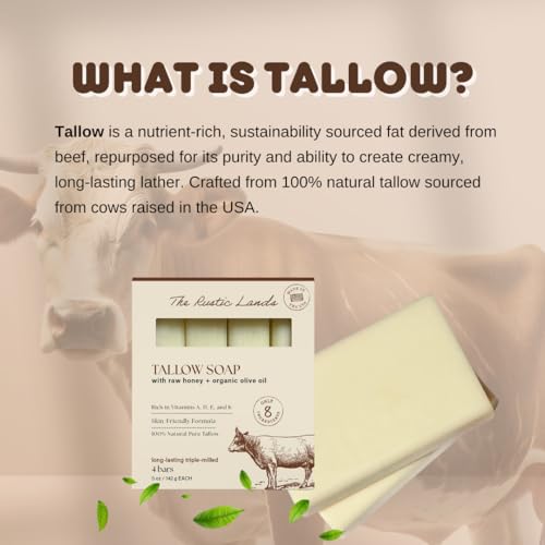 THE RUSTIC LANDS Natural Tallow Soap Bars Set of 4 - Grass Fed Beef Tallow with Raw Honey & Olive Oil - Made in the USA Soap for Sensitive Skin, Moisturizing Ba
