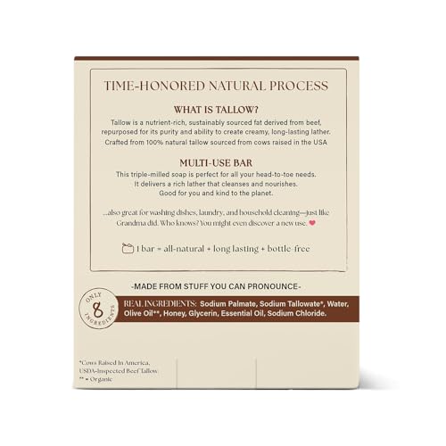 THE RUSTIC LANDS Natural Tallow Soap Bars Set of 4 - Grass Fed Beef Tallow with Raw Honey & Olive Oil - Made in the USA Soap for Sensitive Skin, Moisturizing Ba