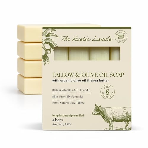 THE RUSTIC LANDS Natural Tallow Soap Bars Set of 4 - Grass Fed Beef Tallow with Organic Olive Oil & Shea Butter - Made in the USA Soap for Sensitive Skin, Moist