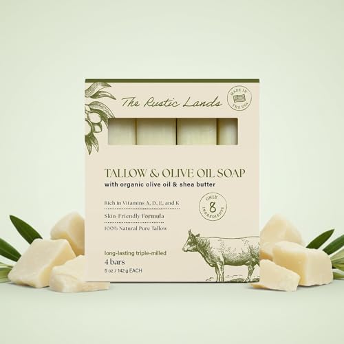 THE RUSTIC LANDS Natural Tallow Soap Bars Set of 4 - Grass Fed Beef Tallow with Organic Olive Oil & Shea Butter - Made in the USA Soap for Sensitive Skin, Moist