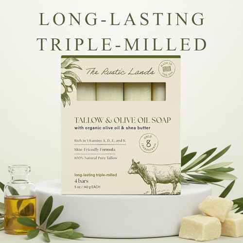 THE RUSTIC LANDS Natural Tallow Soap Bars Set of 4 - Grass Fed Beef Tallow with Organic Olive Oil & Shea Butter - Made in the USA Soap for Sensitive Skin, Moist