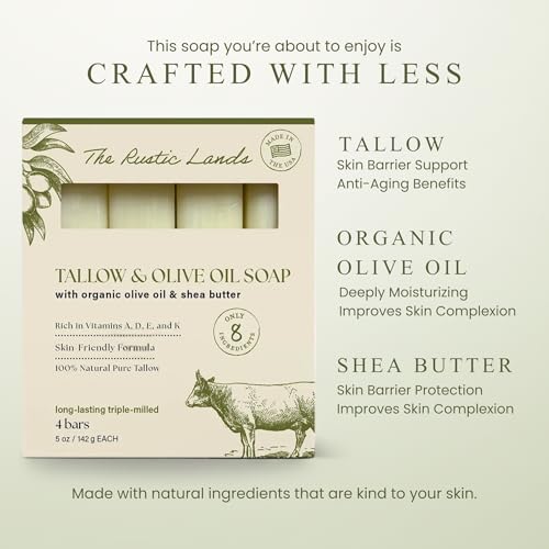 THE RUSTIC LANDS Natural Tallow Soap Bars Set of 4 - Grass Fed Beef Tallow with Organic Olive Oil & Shea Butter - Made in the USA Soap for Sensitive Skin, Moist