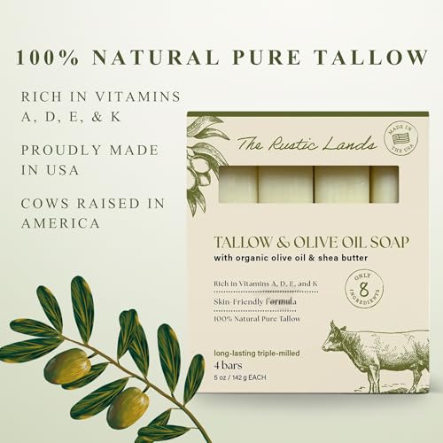 THE RUSTIC LANDS Natural Tallow Soap Bars Set of 4 - Grass Fed Beef Tallow with Organic Olive Oil & Shea Butter - Made in the USA Soap for Sensitive Skin, Moist