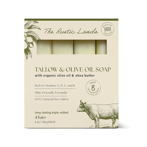 THE RUSTIC LANDS Natural Tallow Soap Bars Set of 4 - Grass Fed Beef Tallow with Organic Olive Oil & Shea Butter - Made in the USA Soap for Sensitive Skin, Moist
