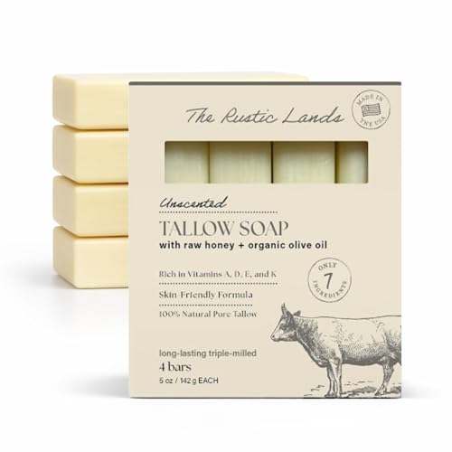 THE RUSTIC LANDS (UNSCENTED - Fragrance Free) Natural Tallow Soap Bars Set of 4 - Grass Fed Beef Tallow with Raw Honey & Olive Oil - USA Soap for Sensitive Skin
