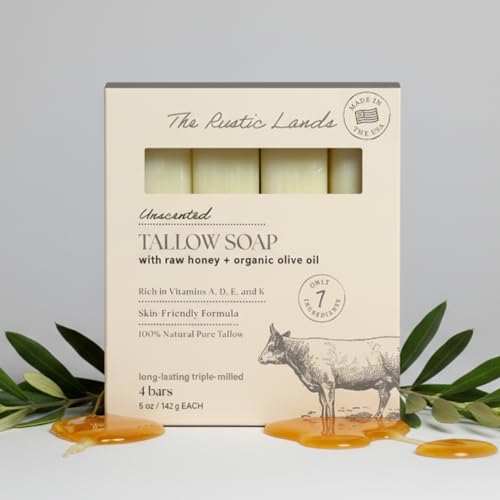 THE RUSTIC LANDS (UNSCENTED - Fragrance Free) Natural Tallow Soap Bars Set of 4 - Grass Fed Beef Tallow with Raw Honey & Olive Oil - USA Soap for Sensitive Skin