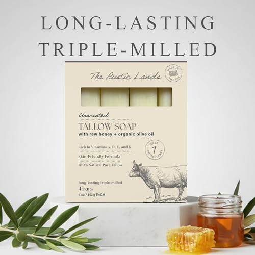 THE RUSTIC LANDS (UNSCENTED - Fragrance Free) Natural Tallow Soap Bars Set of 4 - Grass Fed Beef Tallow with Raw Honey & Olive Oil - USA Soap for Sensitive Skin