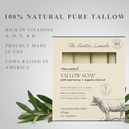 THE RUSTIC LANDS (UNSCENTED - Fragrance Free) Natural Tallow Soap Bars Set of 4 - Grass Fed Beef Tallow with Raw Honey & Olive Oil - USA Soap for Sensitive Skin