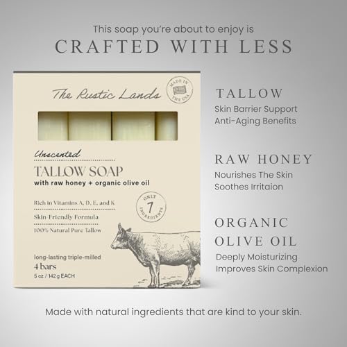 THE RUSTIC LANDS (UNSCENTED - Fragrance Free) Natural Tallow Soap Bars Set of 4 - Grass Fed Beef Tallow with Raw Honey & Olive Oil - USA Soap for Sensitive Skin