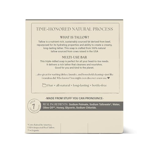THE RUSTIC LANDS (UNSCENTED - Fragrance Free) Natural Tallow Soap Bars Set of 4 - Grass Fed Beef Tallow with Raw Honey & Olive Oil - USA Soap for Sensitive Skin