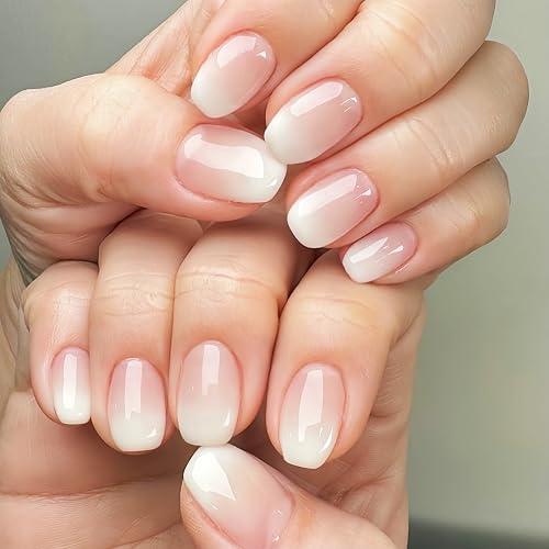 24 Pcs Gradient Pink White Press on Nails Short Square Shaped False