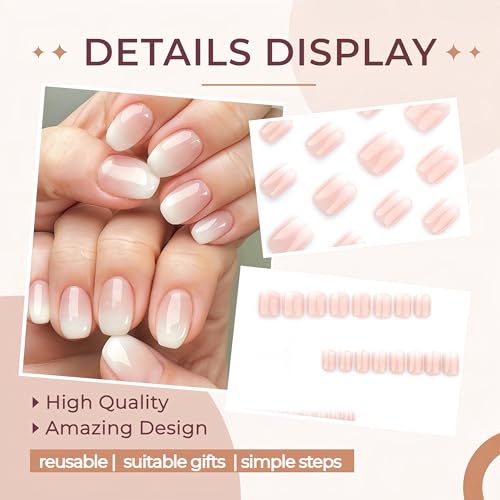 24 Pcs Gradient Pink White Press on Nails Short Square Shaped False