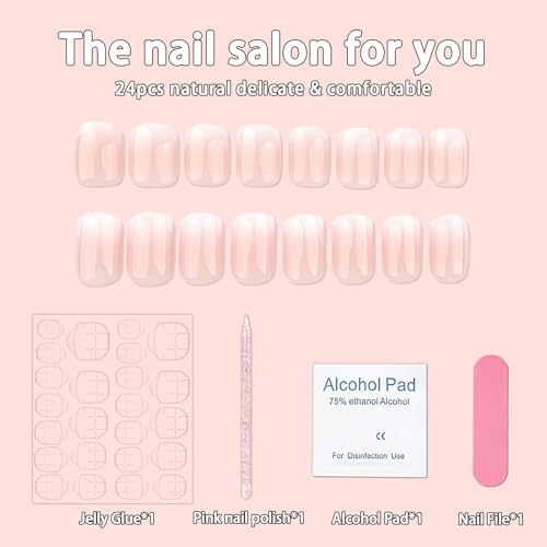 24 Pcs Gradient Pink White Press on Nails Short Square Shaped False