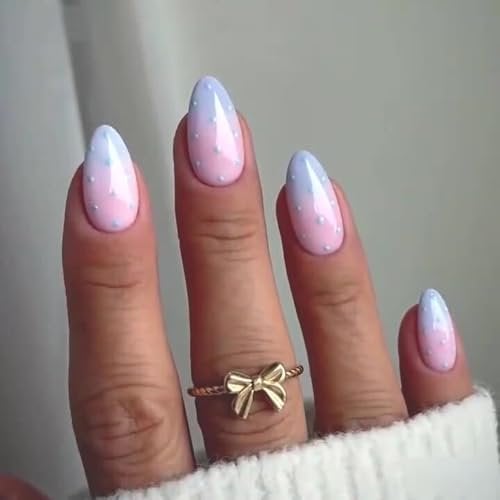 Polka Dot Press on Nails Medium Almond Nails Press on with Pink Blue Ombre Design Glossy F