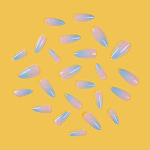 Polka Dot Press on Nails Medium Almond Nails Press on with Pink Blue Ombre Design Glossy F