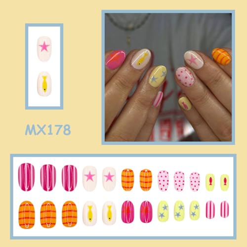 Summer Press on Nails Medium Oval Fake Nails Beach Glue on Nail with Designs Star | Polka