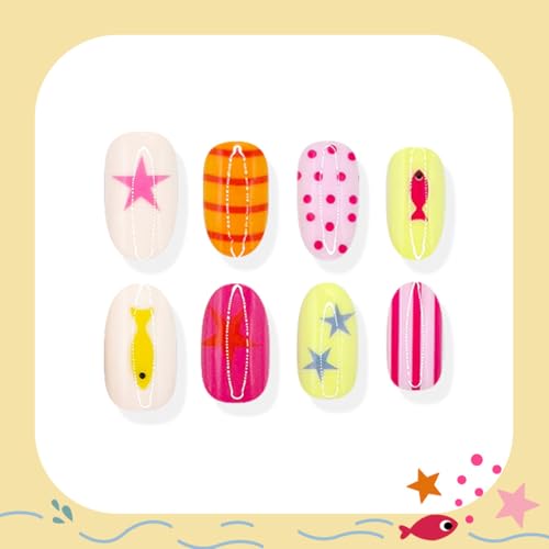 Summer Press on Nails Medium Oval Fake Nails Beach Glue on Nail with Designs Star | Polka