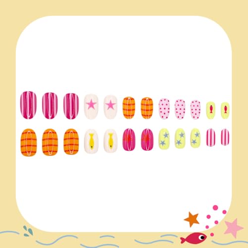 Summer Press on Nails Medium Oval Fake Nails Beach Glue on Nail with Designs Star | Polka