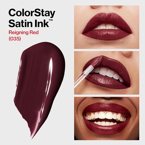 ColorStay Satin Ink Crown Jewels Liquid Lipstick, Longlasting & Waterproof Lipcolor, Moisturizing Creamy Formula Infused with Black Currant Seed Oil, 035 Reigning Red, 0.17