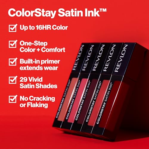 ColorStay Satin Ink Crown Jewels Liquid Lipstick, Longlasting & Waterproof Lipcolor, Moisturizing Creamy Formula Infused with Black Currant Seed Oil, 035 Reigning Red, 0.17
