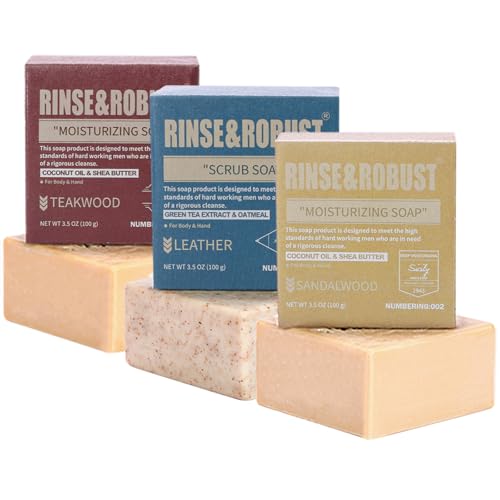 Mens Bar Soap Bath Bar Soap 3Pack Handmade Natural Soap Bar Set Cleansing Bar Moisturizing&Exfoliating Scrub Soap Gift Set for Men | Leather, Sandalwood, Teakwood |
