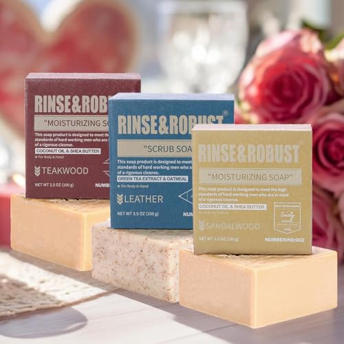 Mens Bar Soap Bath Bar Soap 3Pack Handmade Natural Soap Bar Set Cleansing Bar Moisturizing&Exfoliating Scrub Soap Gift Set for Men | Leather, Sandalwood, Teakwood |