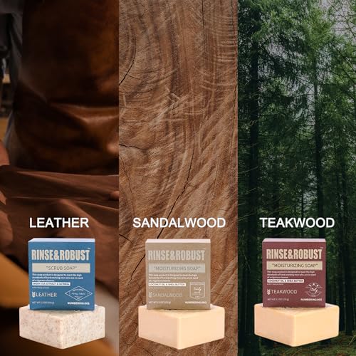 Mens Bar Soap Bath Bar Soap 3Pack Handmade Natural Soap Bar Set Cleansing Bar Moisturizing&Exfoliating Scrub Soap Gift Set for Men | Leather, Sandalwood, Teakwood |