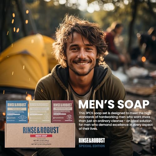 Mens Bar Soap Bath Bar Soap 3Pack Handmade Natural Soap Bar Set Cleansing Bar Moisturizing&Exfoliating Scrub Soap Gift Set for Men | Leather, Sandalwood, Teakwood |