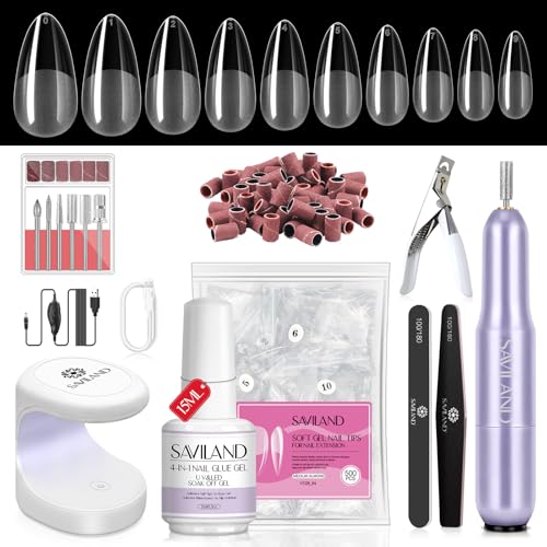 Gel Nail Kit with 500 Medium Almond Tips Nail Drill and UV Lamp