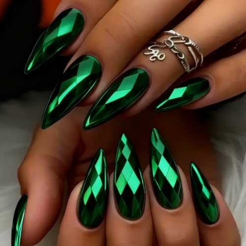Electroplated Green Press on Nails SHIQIXIANNV Almond Fake Nails Dark Green 3D Geometric M