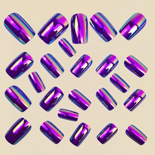 Rose Purple Chrome Press on Nails SHIQIXIANNV Medium Square Fake Nails Metallic Mirror Fal