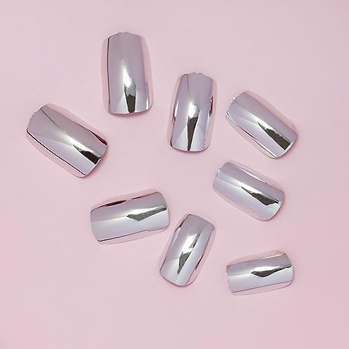 Silver Chrome Press on Nails SHIQIXIANNV Medium Square Fake Nails Metallic Mirror False Na