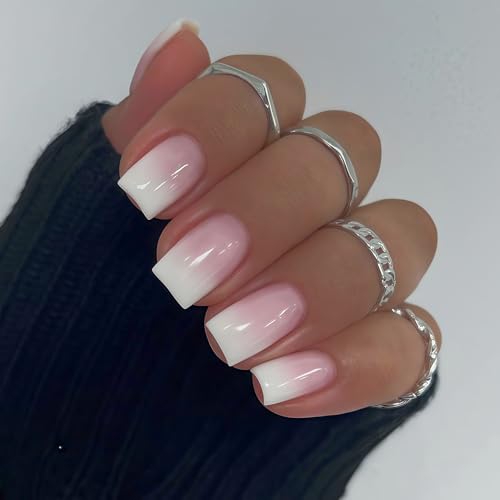 Ombre Press on Nails Short Square Fake Nails Pink White Gradient French