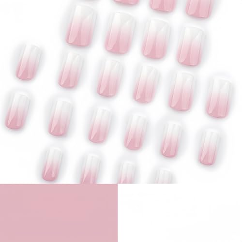 Ombre Press on Nails Short Square Fake Nails Pink White Gradient French