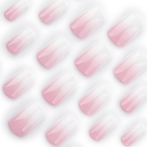 Ombre Press on Nails Short Square Fake Nails Pink White Gradient French