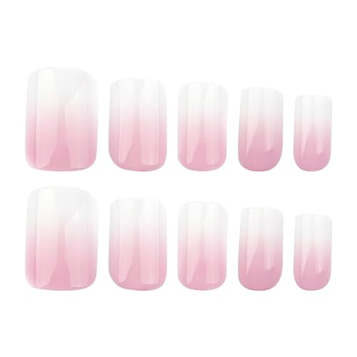 Ombre Press on Nails Short Square Fake Nails Pink White Gradient French