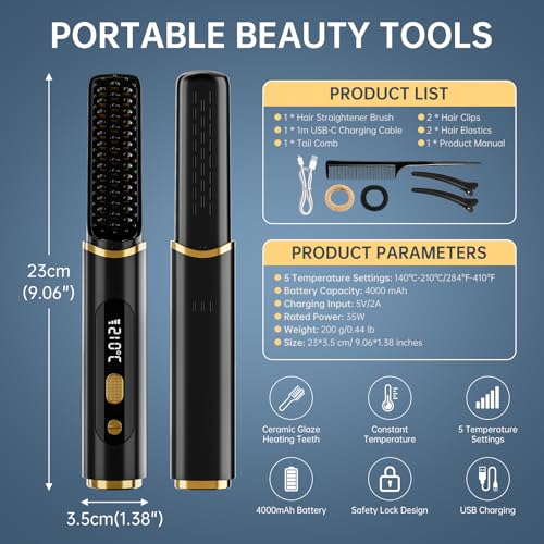 Cordless Hair Straightener Brush Negative Ionic