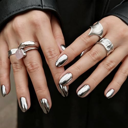 Silver Chrome Press On Nails Short Almond Fake Nails Silver Metallic Mirror Nails Press On
