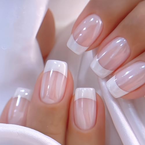 Medium Press on Nails Square White French Tip False Nails with Glitter
