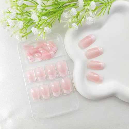 Medium Press on Nails Square White French Tip False Nails with Glitter