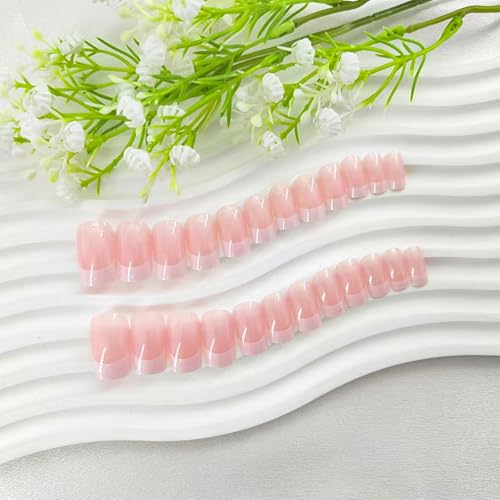 Medium Press on Nails Square White French Tip False Nails with Glitter