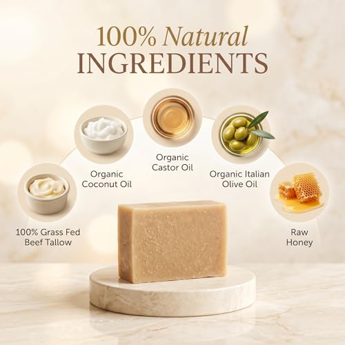 Organic Tallow Soap with Organic Castor Oil & Raw Honey - Hydrating & Nourishing - 3 Pack 