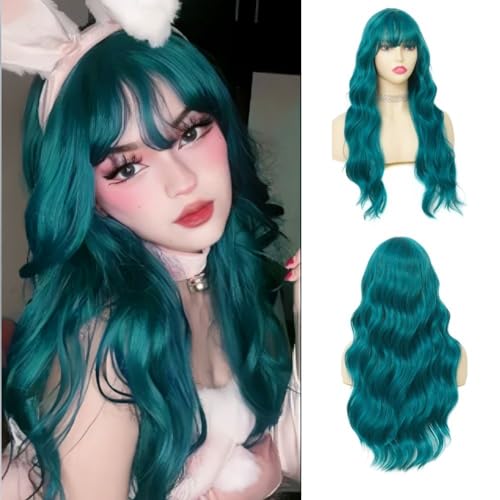 Navy Long Curly Wig with Bangs