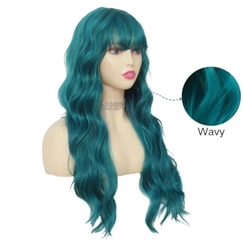 Navy Long Curly Wig with Bangs